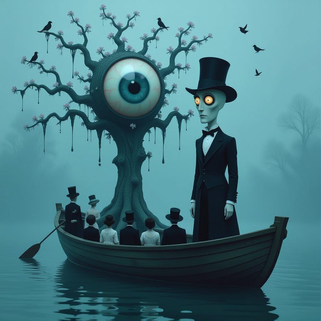 Enigmatic Eyeball Figure in Surreal Tim Burton Boat Scene