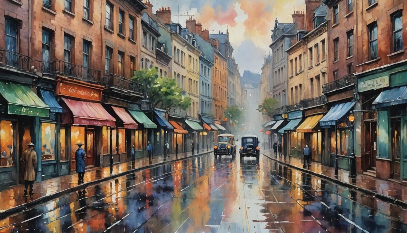 Rainy Street Scene in Art Deco Watercolor Style