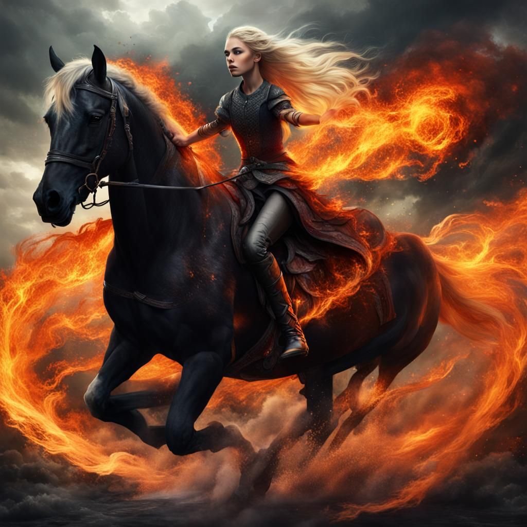 Blonde Girl Rides Fiery Horse in Dark Fantasy