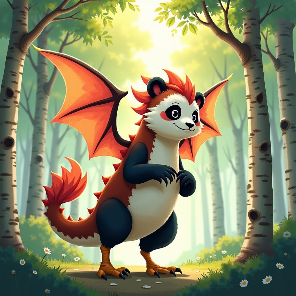 Majestic Panda-Dragon Hybrid in Birch Forest