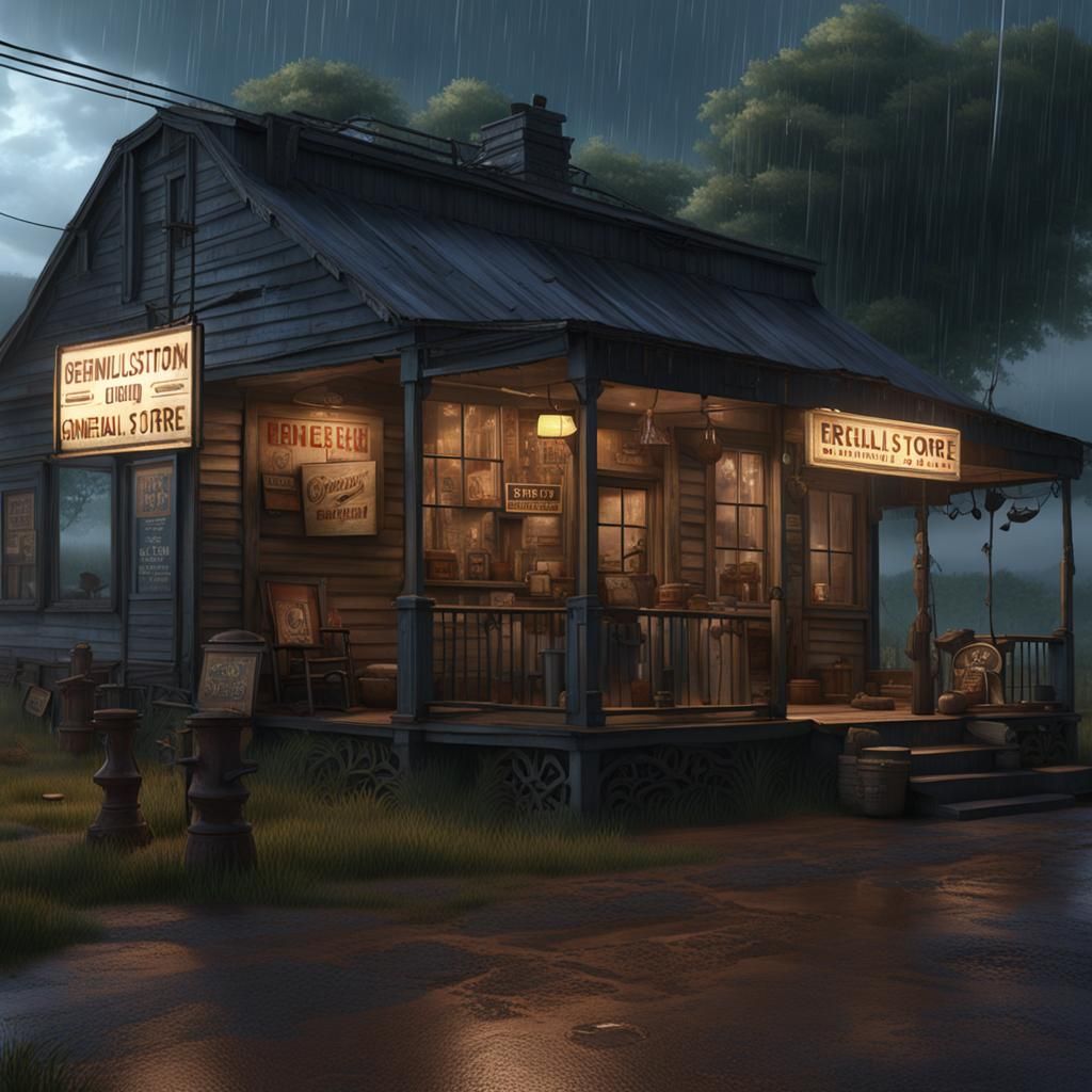 1940s Summer Rainstorm at a Rural General Store