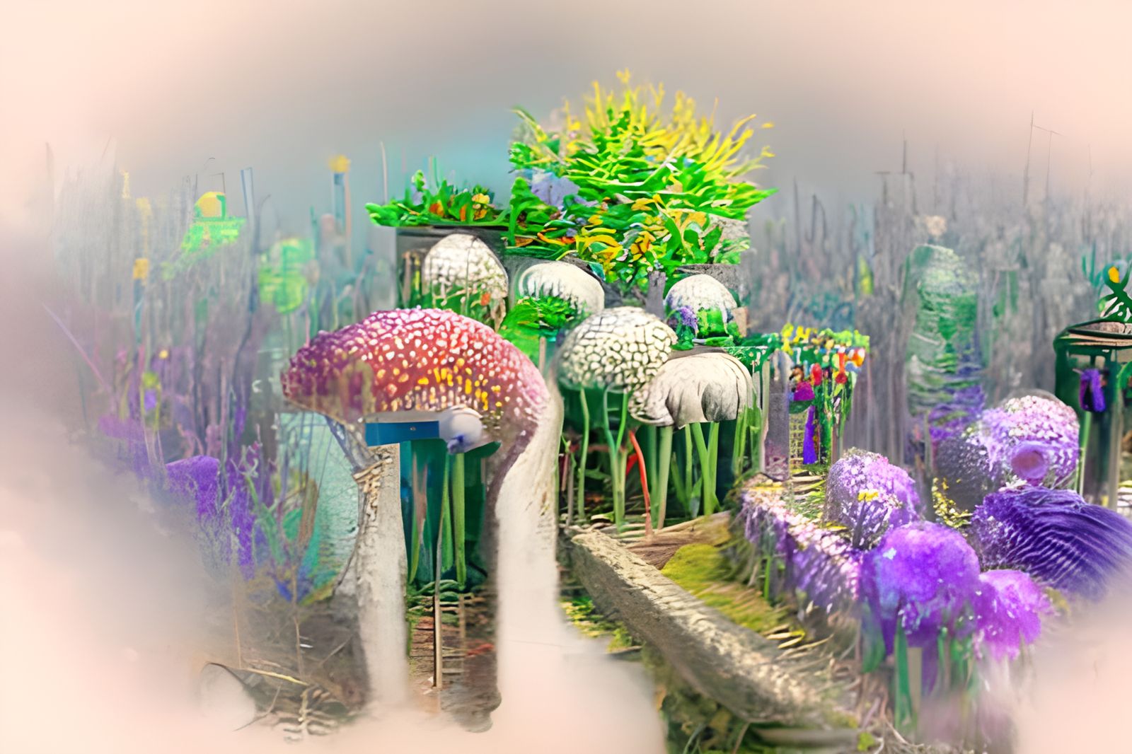 Ethereal Flower Hedge Maze in Kinkade Style