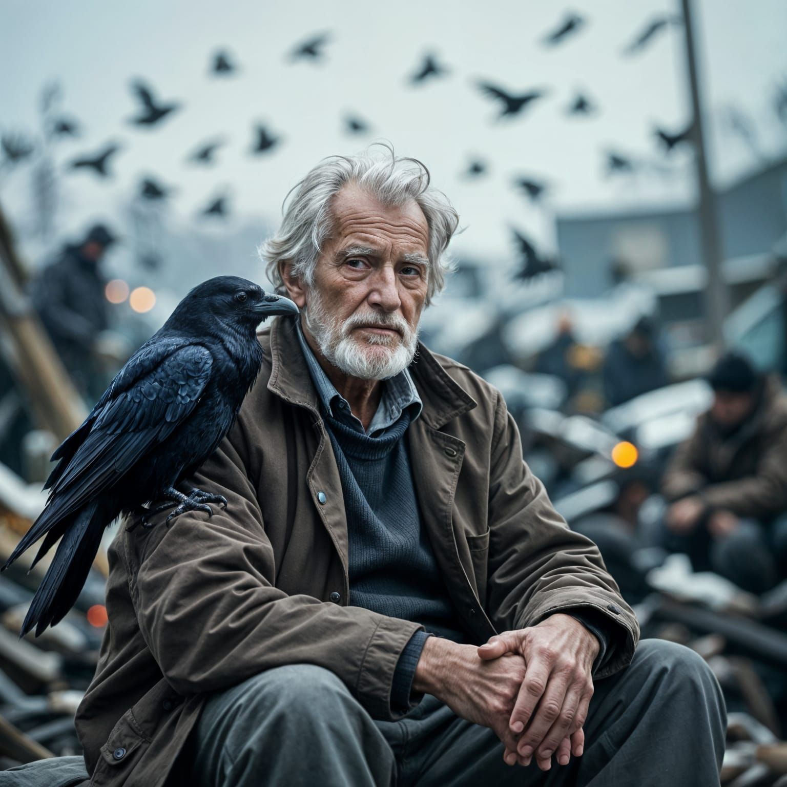 Serene Old Man with Raven Amidst Chaos