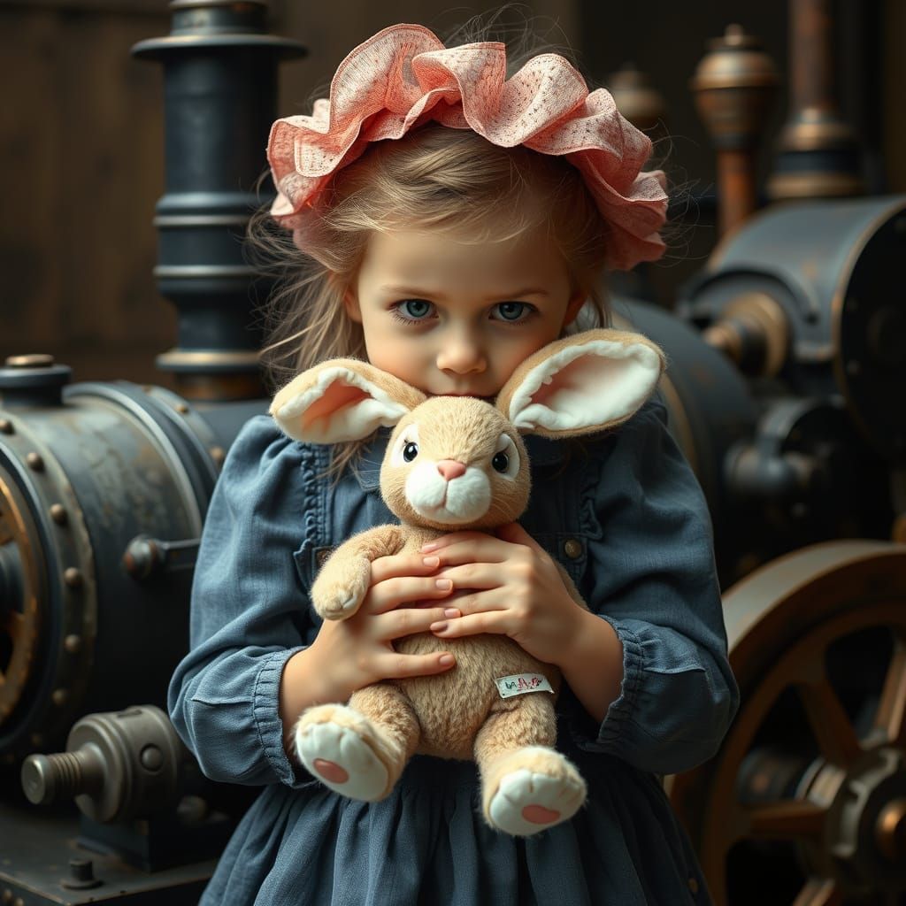 Steampunk Girl Cherishes Her Stuffed Bunny Companion