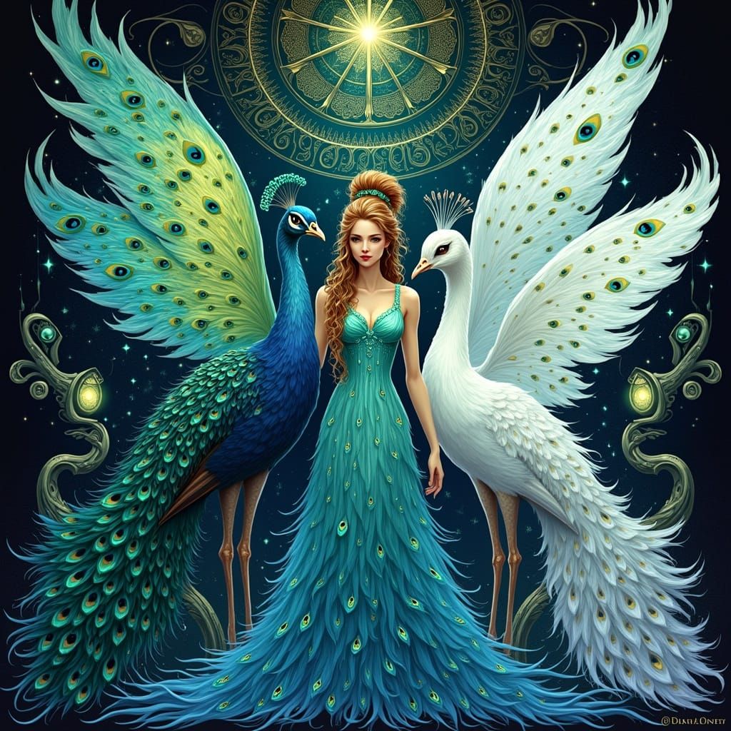 Ethereal Fairy Posed Between Two Majestic Peacocks in Irides...