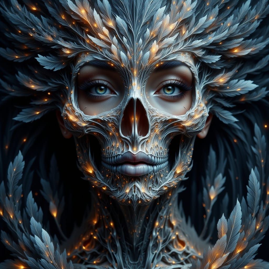 Feathered Woman Portrait with Diamond Skull