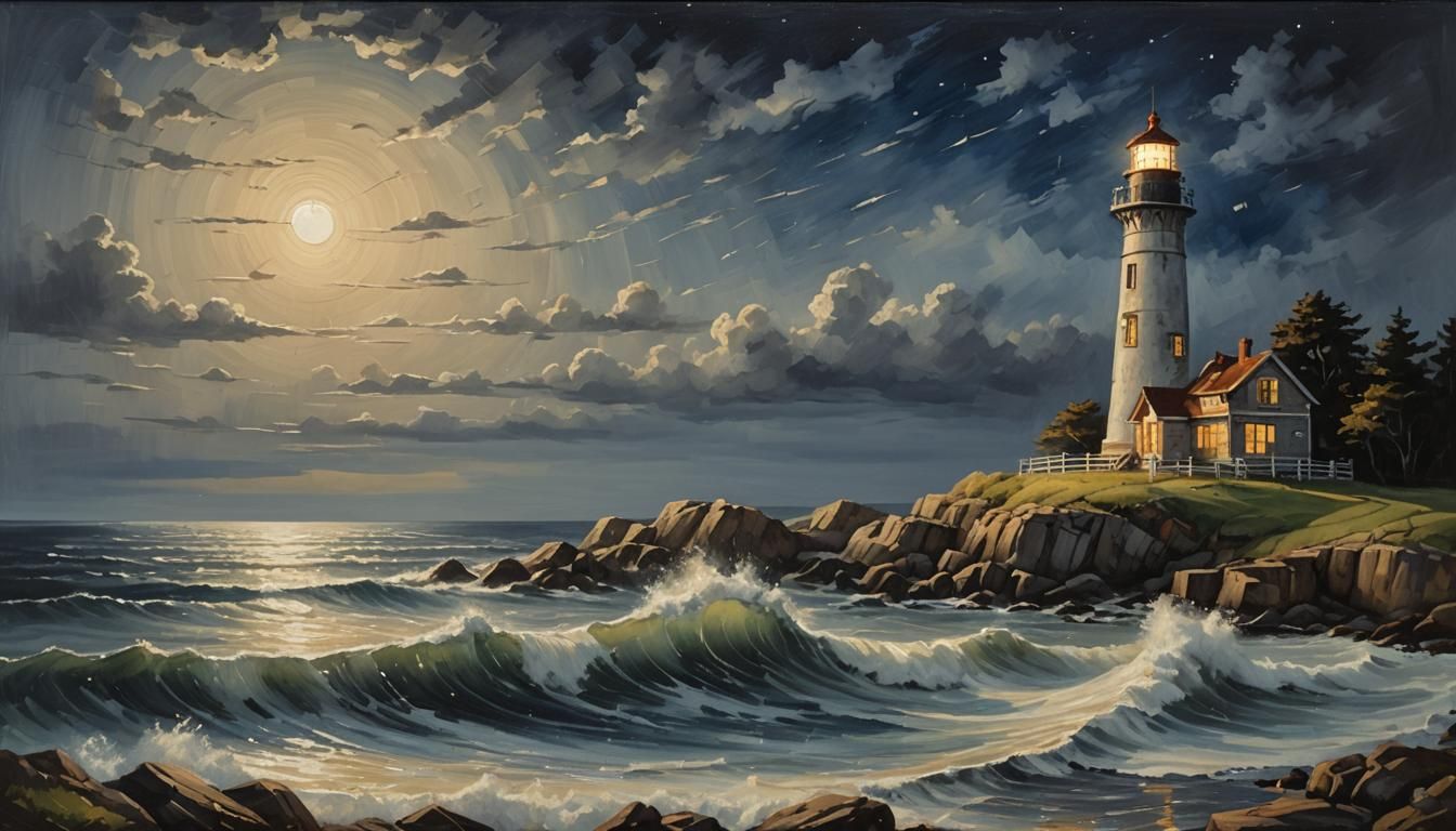 Moonlit Lighthouse: Oil Painting with Golden Tones