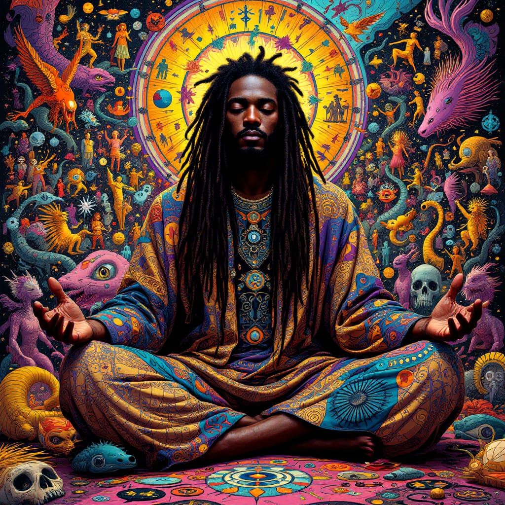 Dreadlocked Man in Psychedelic Robe with Symbolic Elements