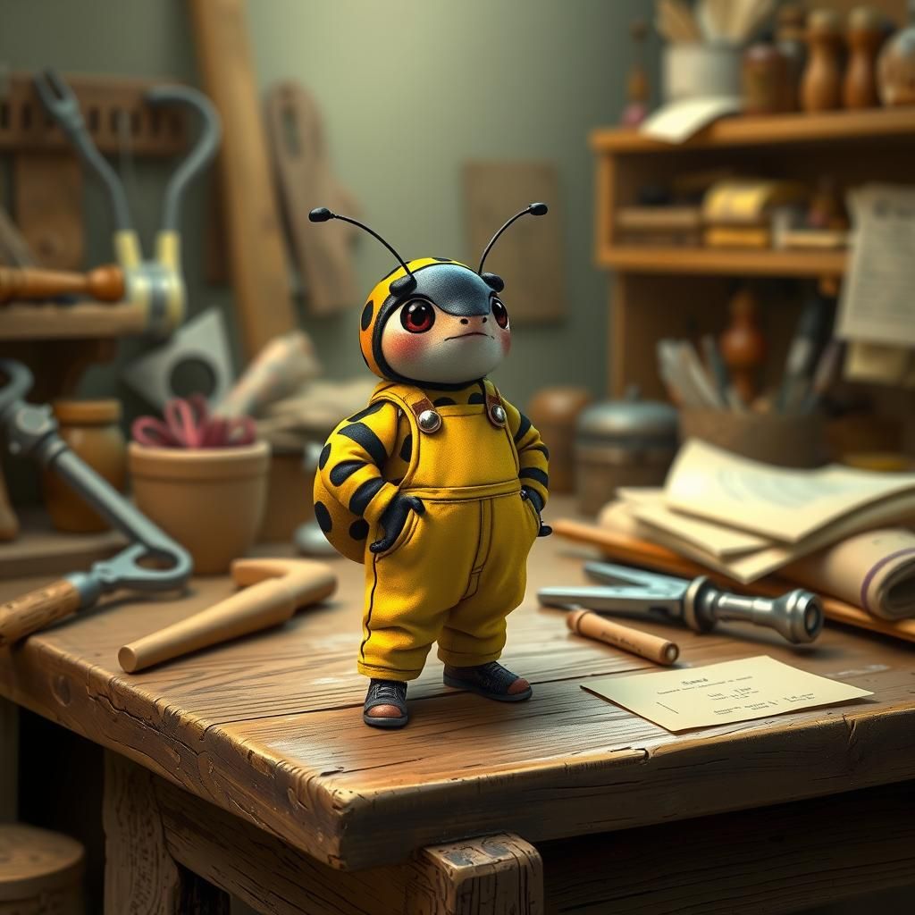 Industrious Ladybug in Cozy Workshop, Vintage Illustration