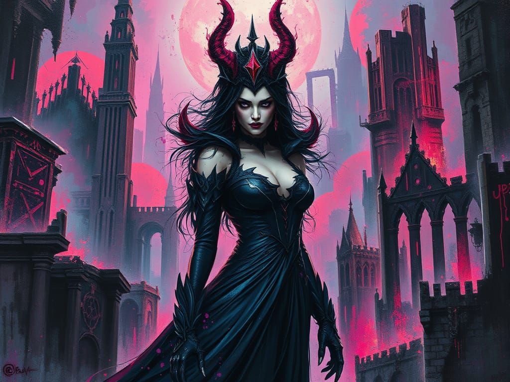 Vampire Queen in a Dark, Futuristic Gothic Metropolis