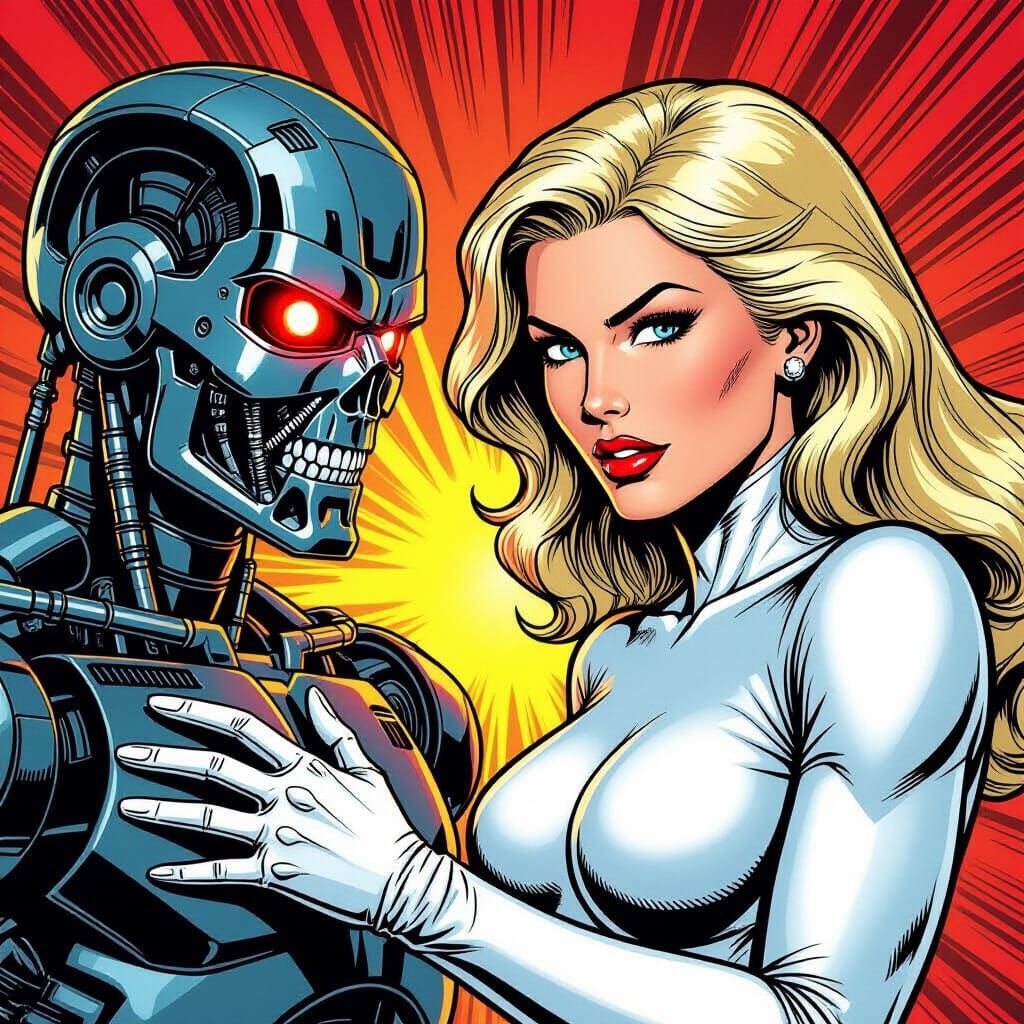 Emma Frost Confronts Terminator in Retro Comic Style
