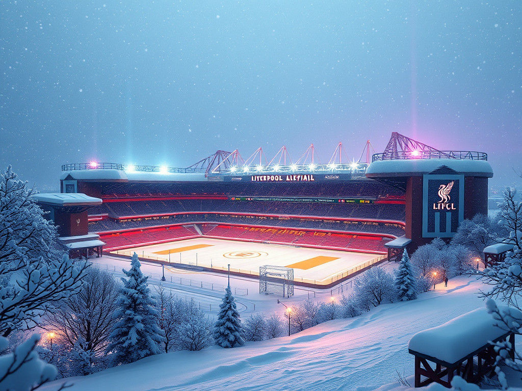 Anfield Stadium Winter Scene in Matte Painting Style