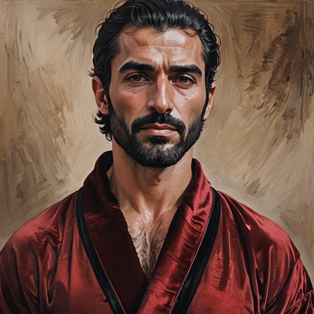 Hirsute Man in Red Velvet Bathrobe as Gouache Painting