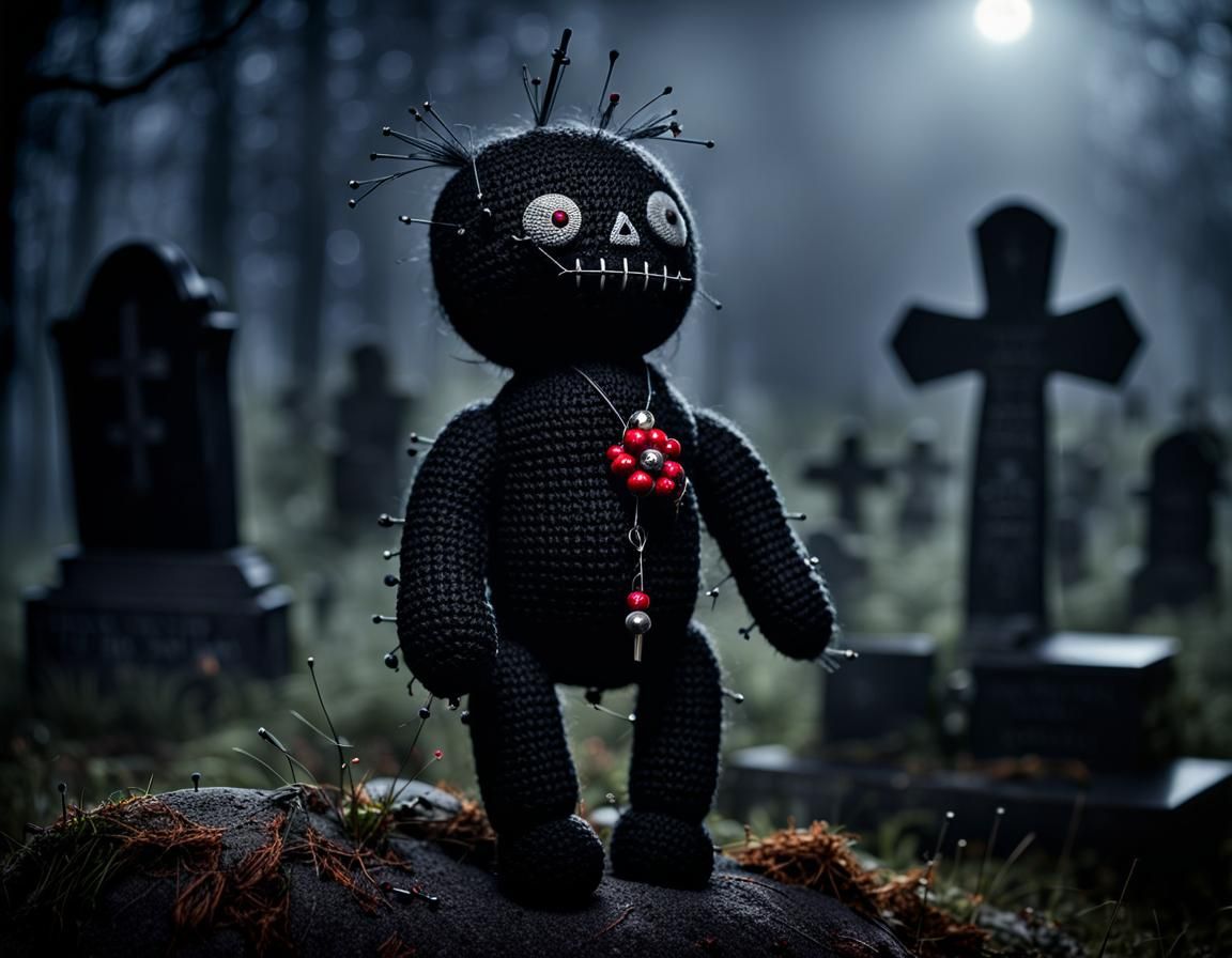 Creepy Voodoo Doll Leaning on Gravestone at Night