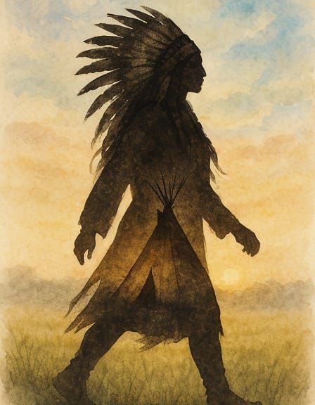 Native American Chief in Watercolor Double-Exposure