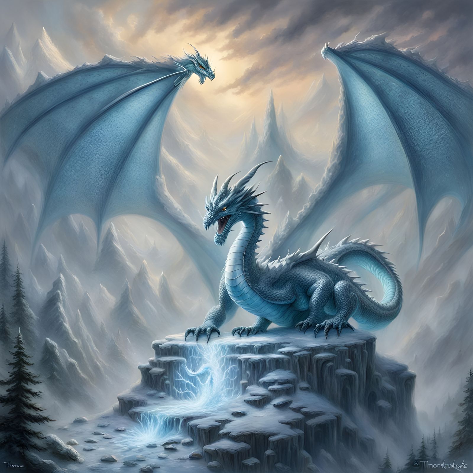 Three-Headed Ice Dragon Unleashing Thunder