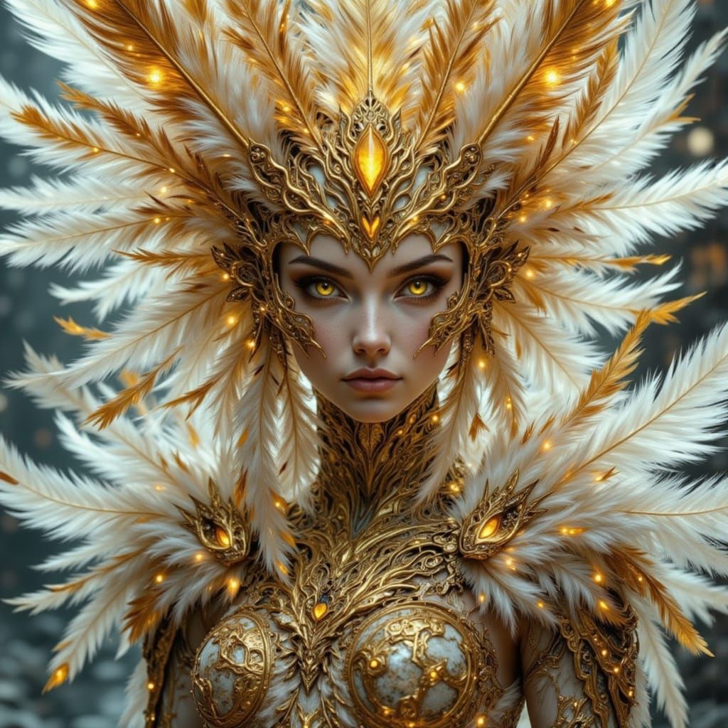 Feathered Angel with Golden Eyes and Mandala Runes