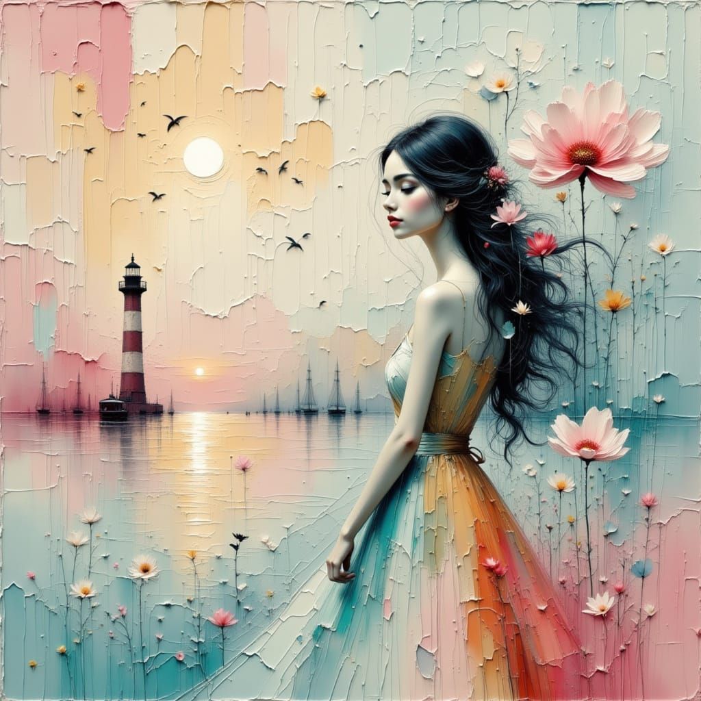 Ethereal Woman by Muted Seascape with Lighthouse