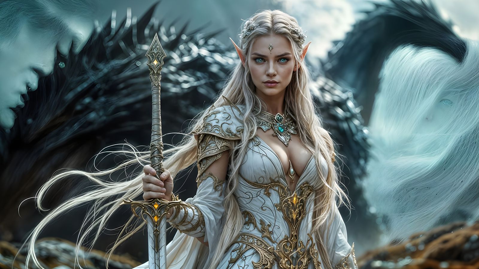 Ethereal Elven Warrior in White and Gold Armor