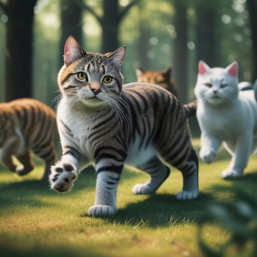 Cinematic Frenzy of 101 Charging Cats in Warm Sunlight