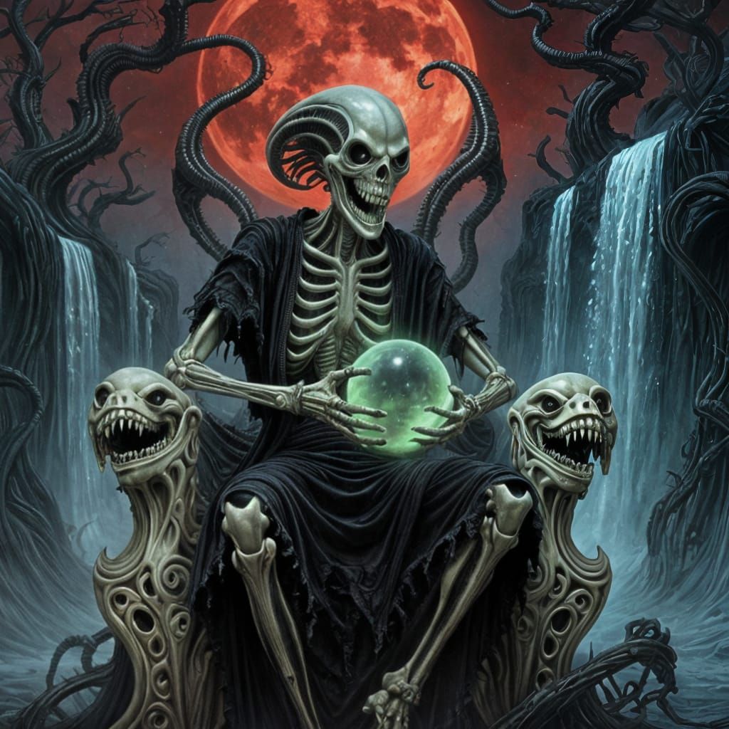 Gigeresque Alien on Bone Throne with Glowing Orb