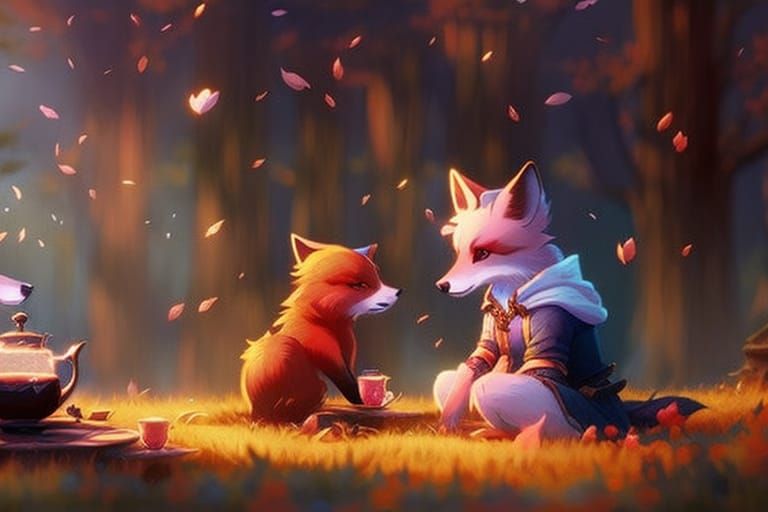 Fox Tea Party in Autumnal Sunset