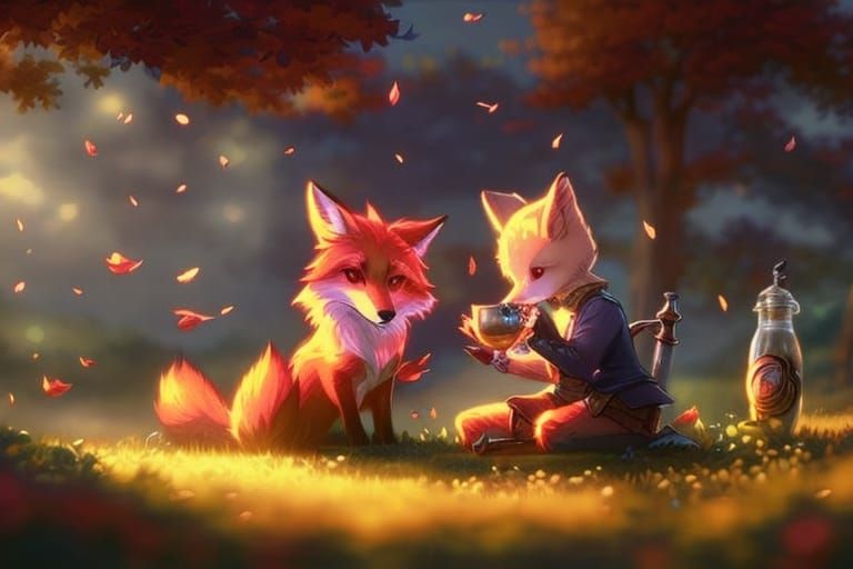 Fox Tea Party in Autumnal Fantasy Landscape