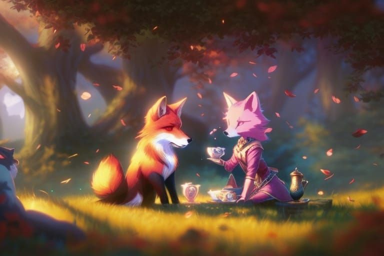 Fox Tea Party in Autumn, Digital Art