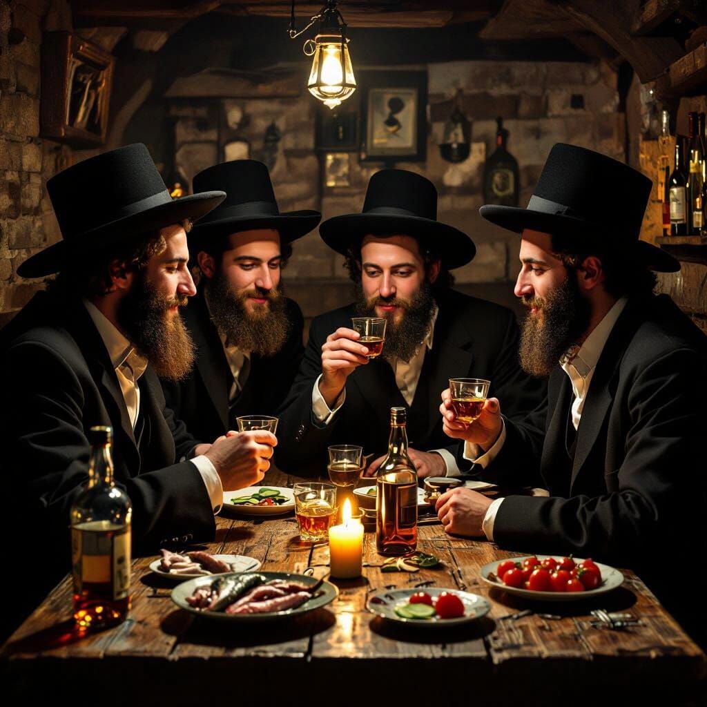 Hasidic Men Gathered in Candlelight: Tavern Scene