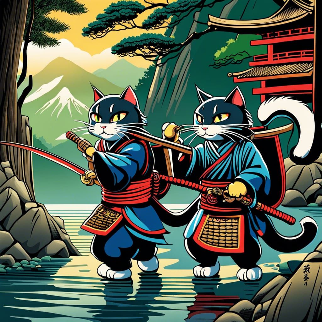 Cat Ninjas Stealing Fish at Shinto Shrine, Anime Style