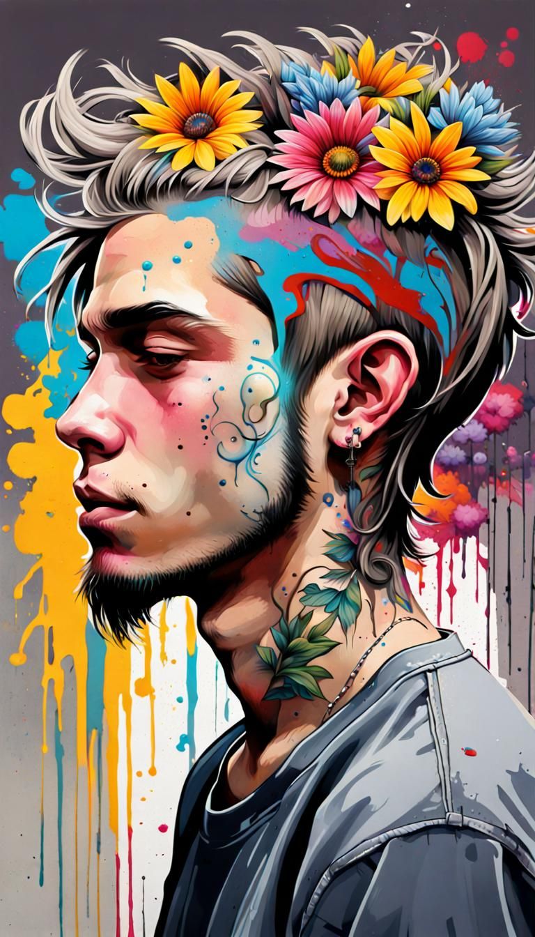Young Man with Flowers and Tattoos in Graffiti Art