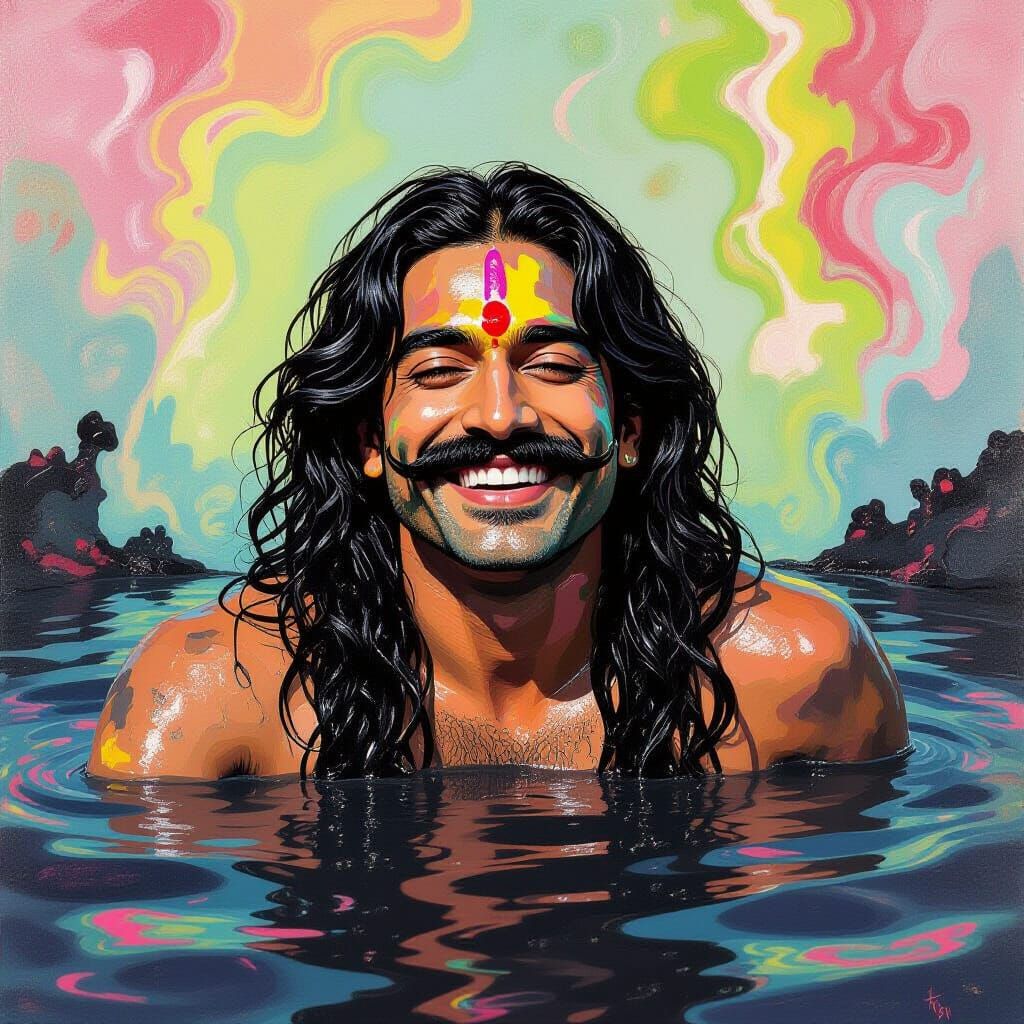 Joyful Indian Man Bathes in Black Mud in Candyland Style