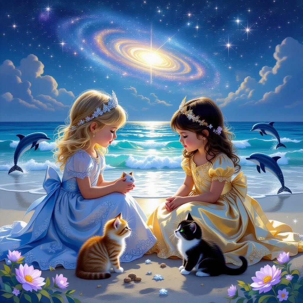 Fantasy Girls Playing with Kittens by Mystic Ocean