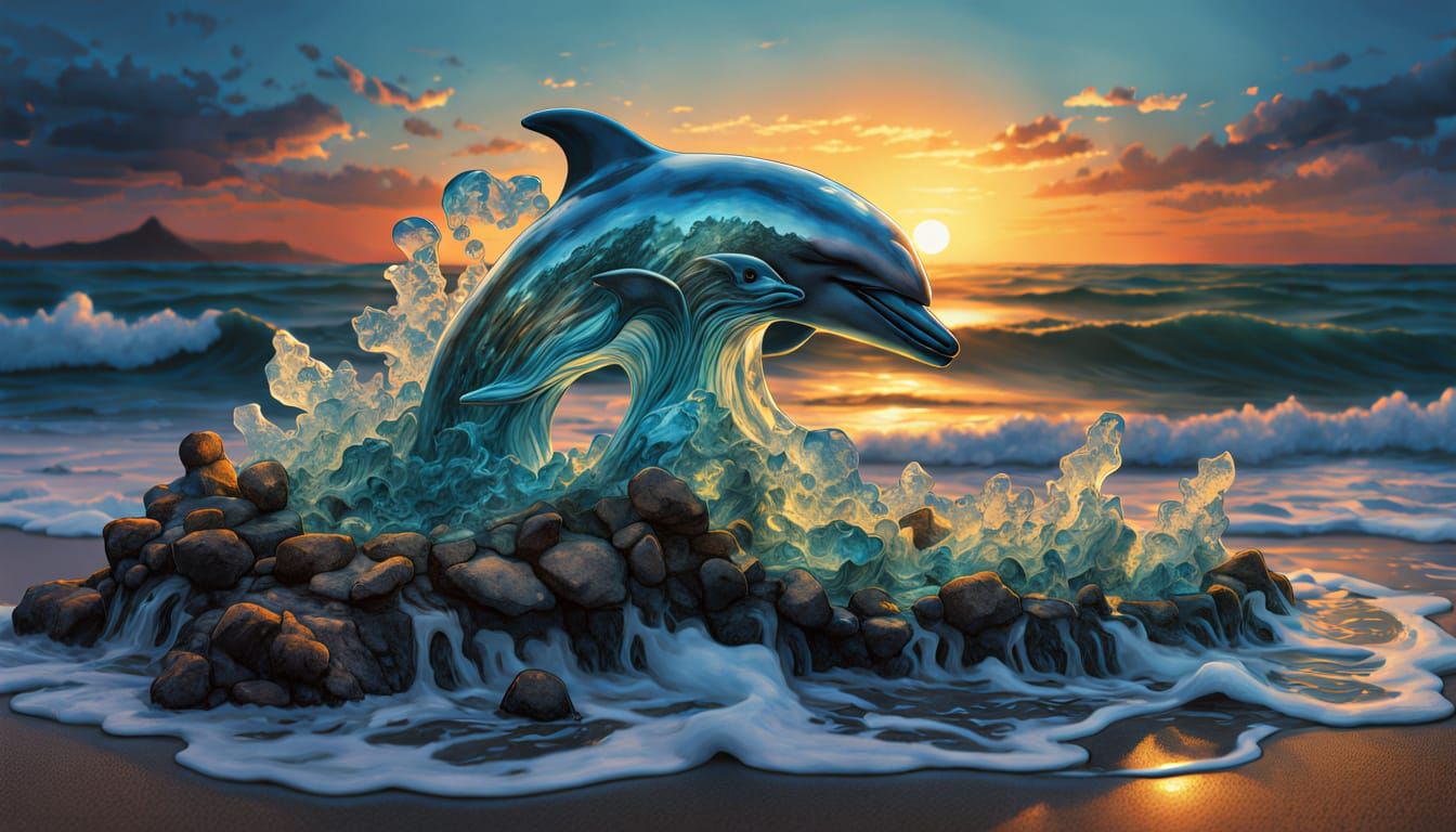Surreal Sea Glass Sculpture of Dolphins at Sunset
