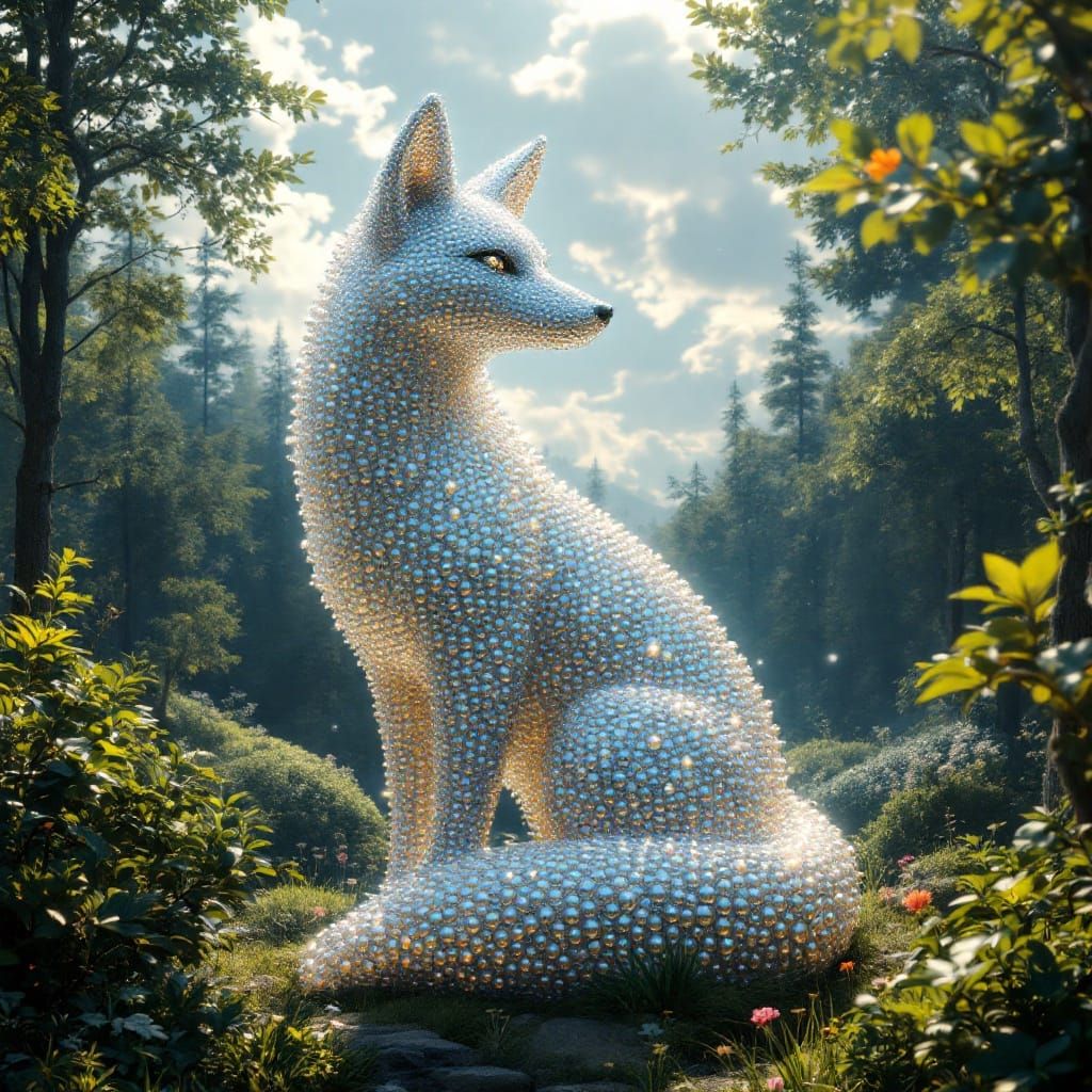 Mirrored Fox Statue in Lush Forest Environment