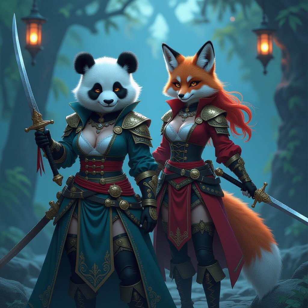 Fantasy She-Panda and Pirate She-Fox in Anime Style