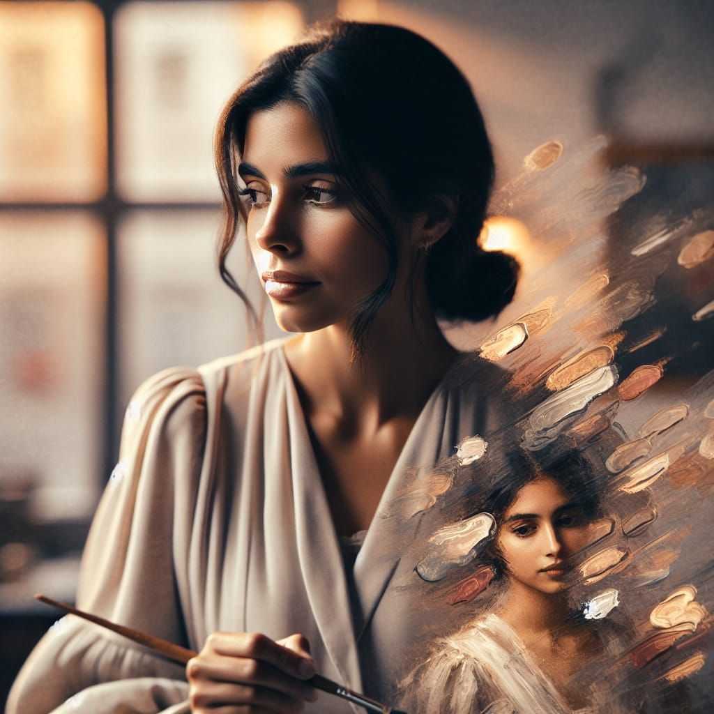 Woman in Contemplation, Double Exposure Portrait in Warm Lig...