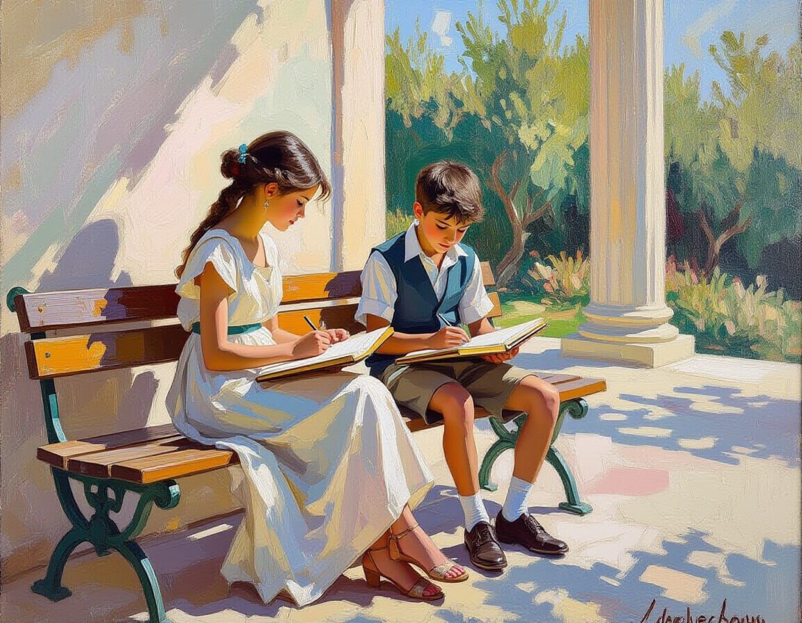 Ancient Greek Children Doing Schoolwork in Monet Style