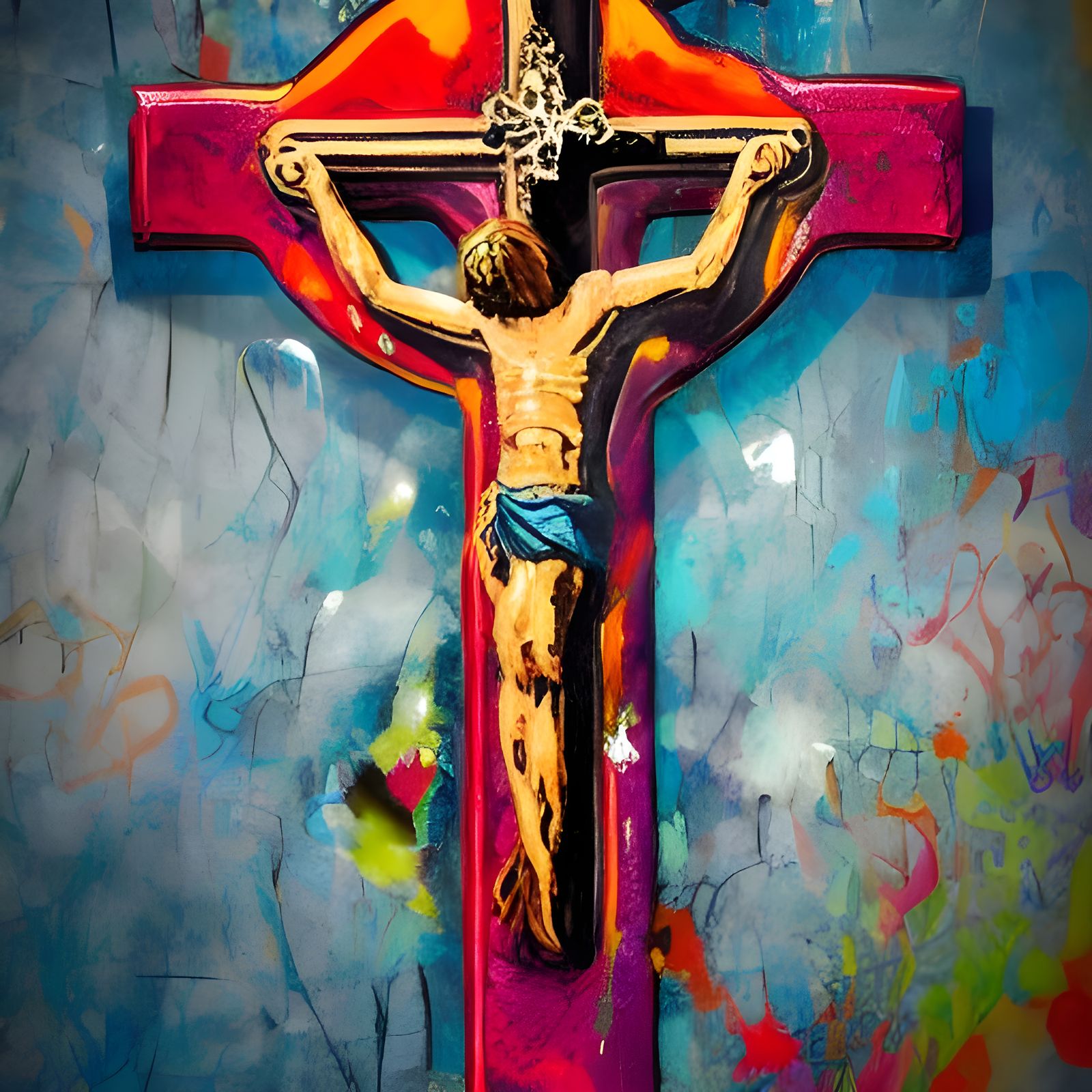 Catholic Cross Graffiti Art in Polychromatic Splash Style