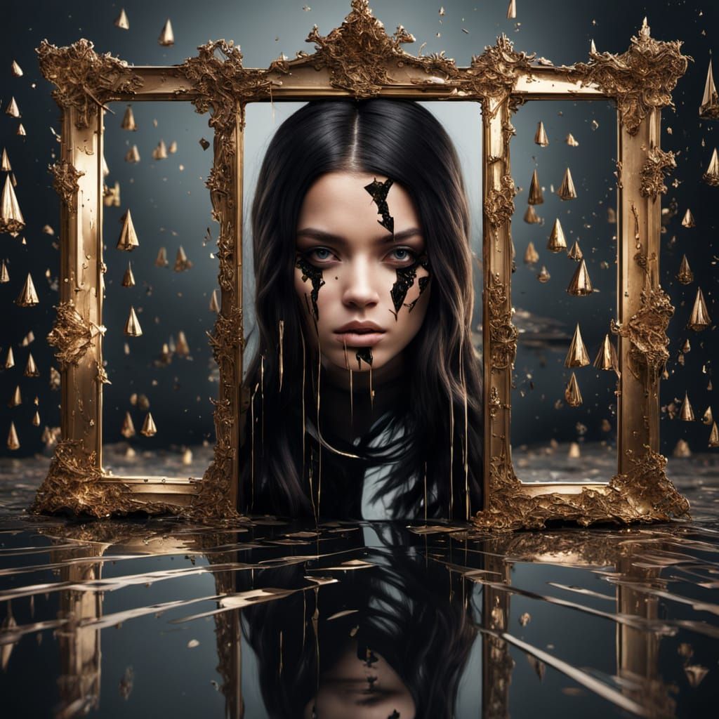 Shattered reflections, a fractured soul, in eyes that hold s...