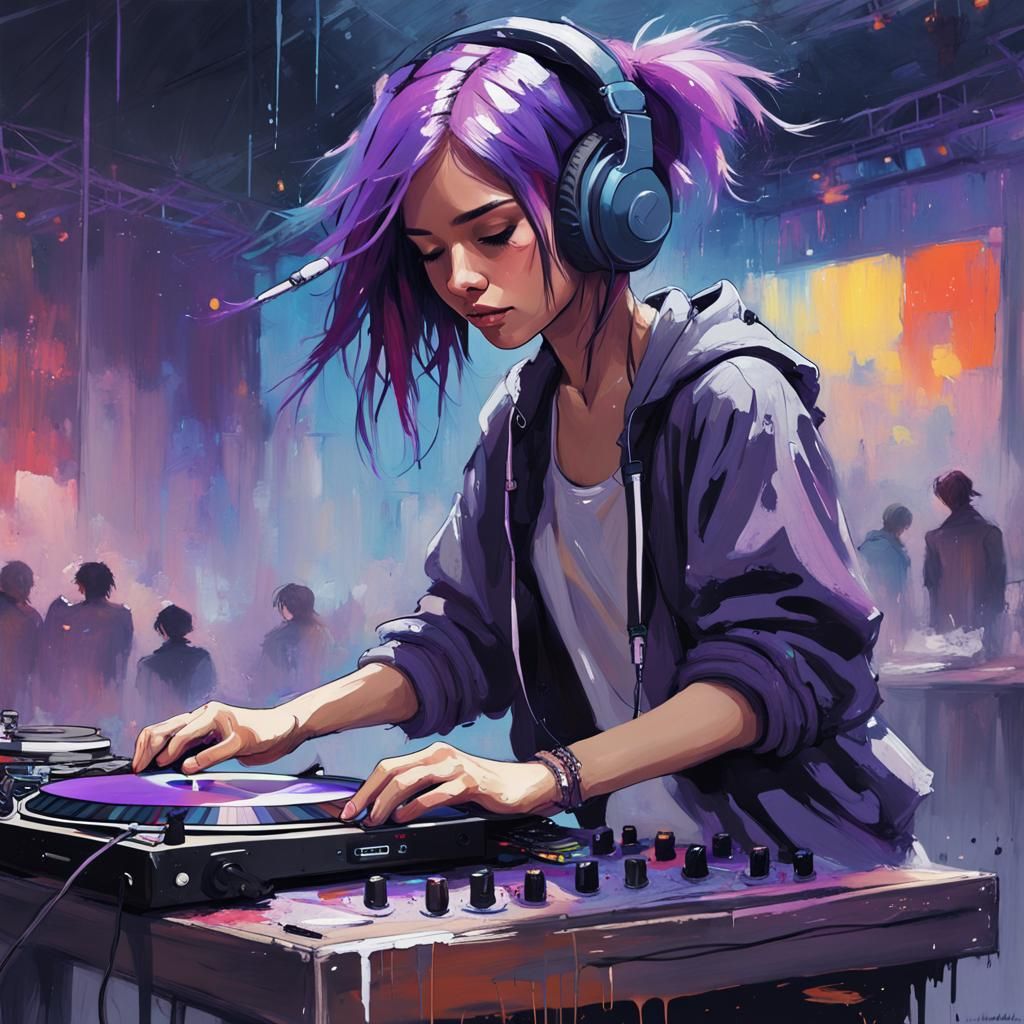 Fantasy DJ Girl on Stage in Gouache Style
