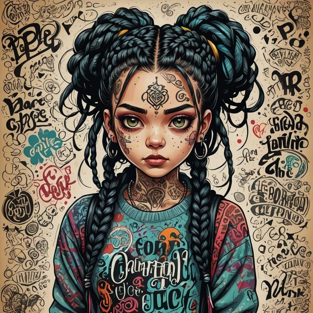 Punk Girl Portrait in Calligraphic Tattoo Style