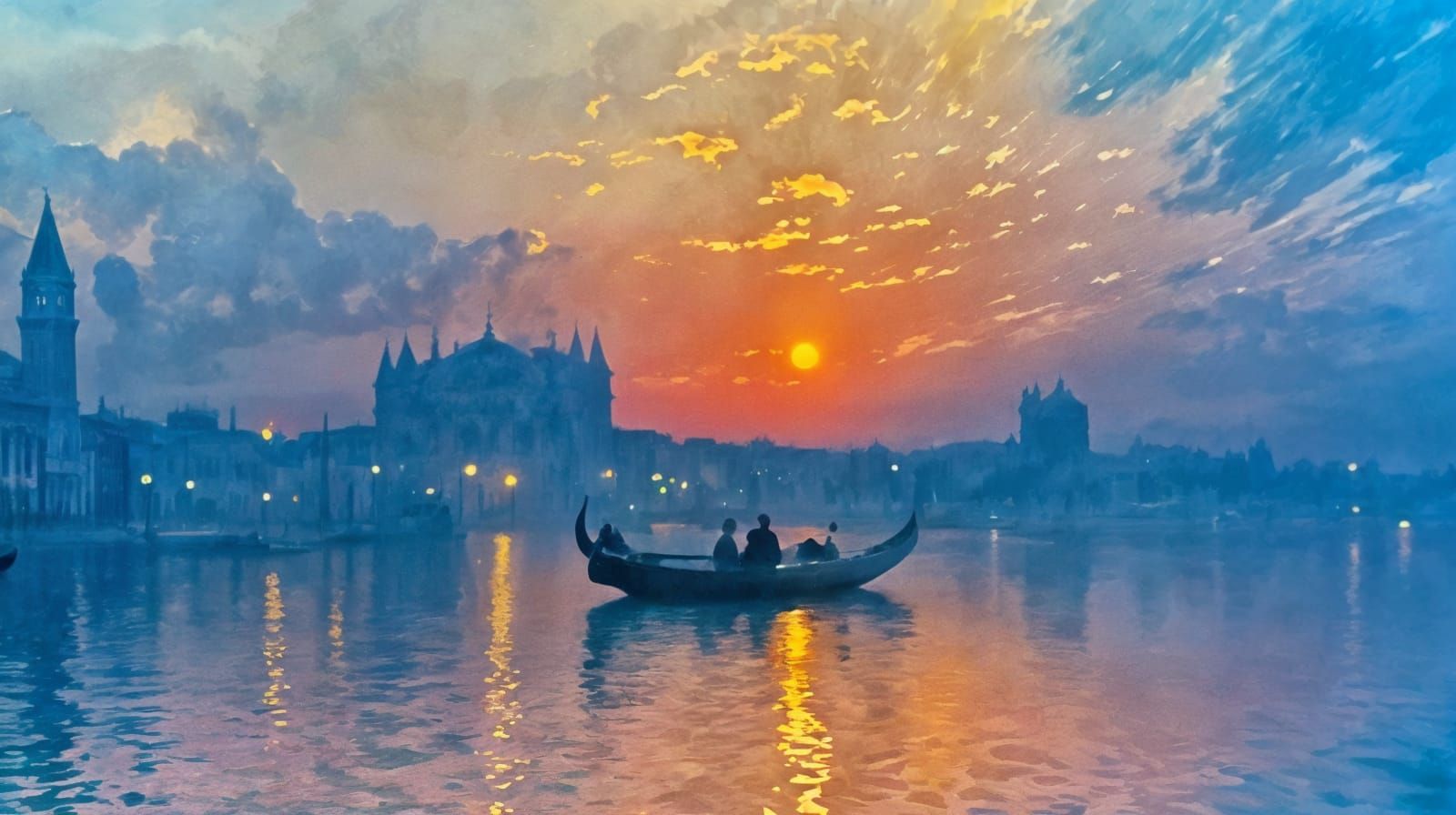 Venice Gondola at Dusk in Impressionist Watercolor