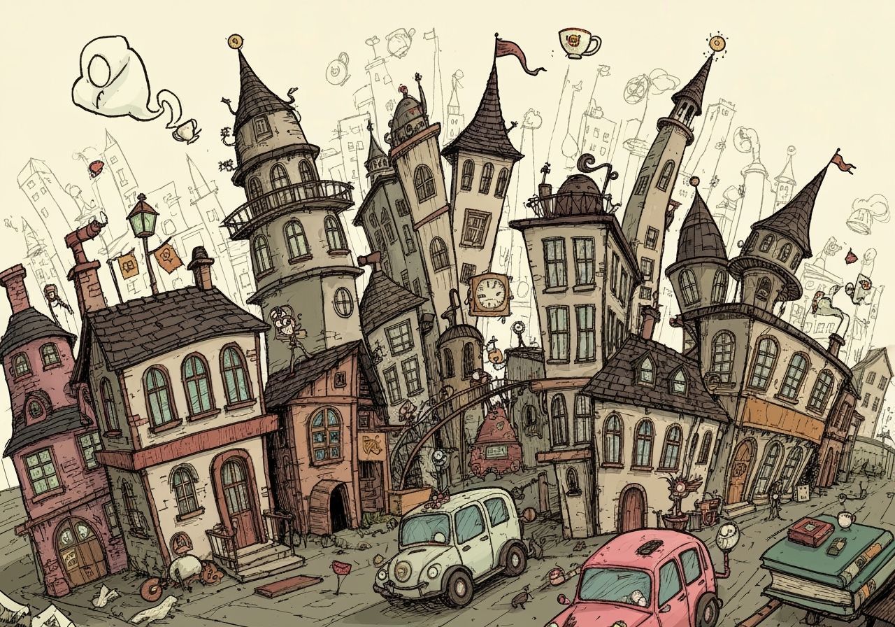 Whimsical Cityscape Sketch in Cartoon Style
