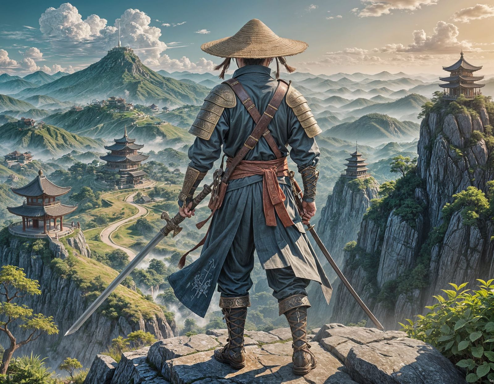 Korean Warrior on Mountain Peak in 3D Anime Art