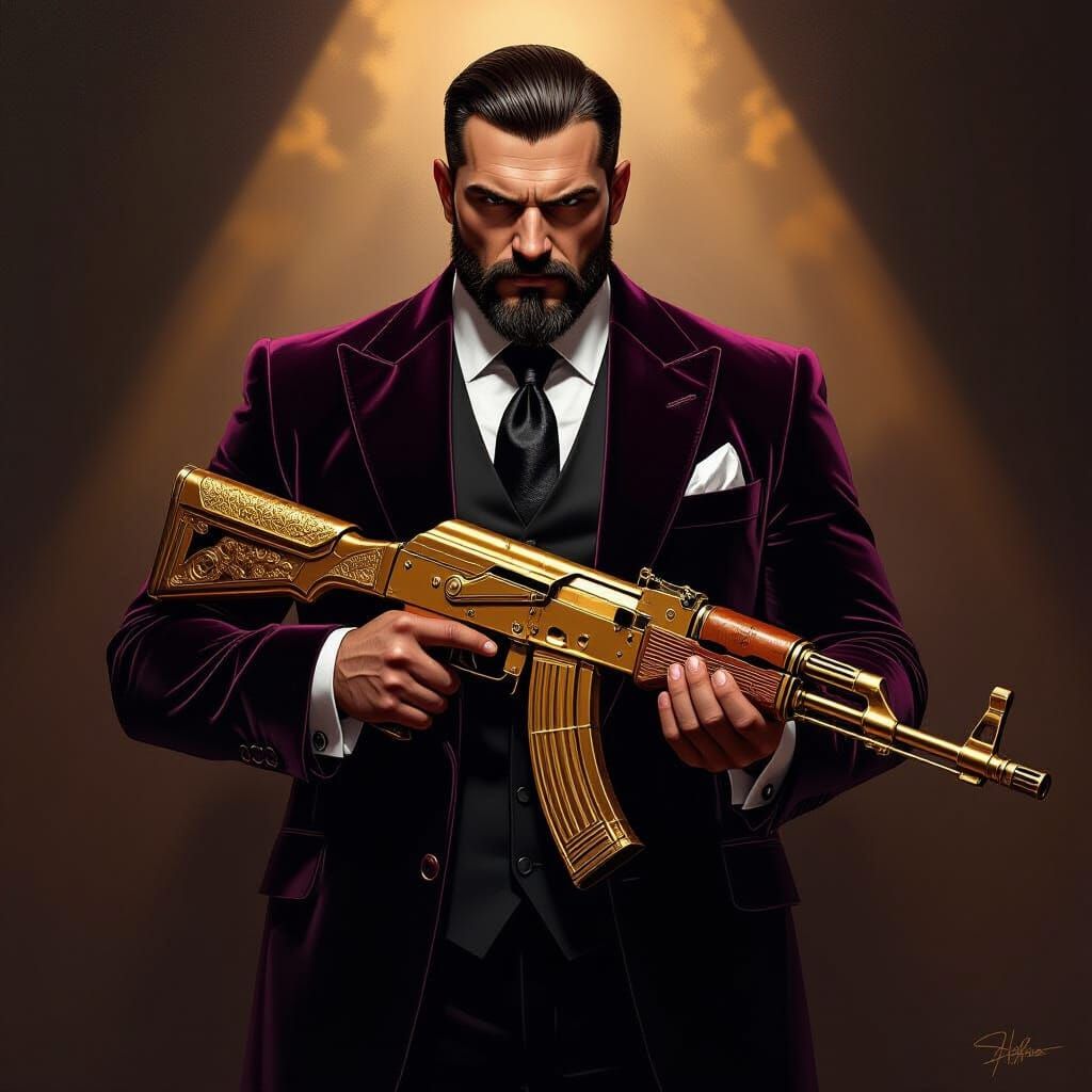 Russian Gangster with Golden AK-47 in Velvet Suit