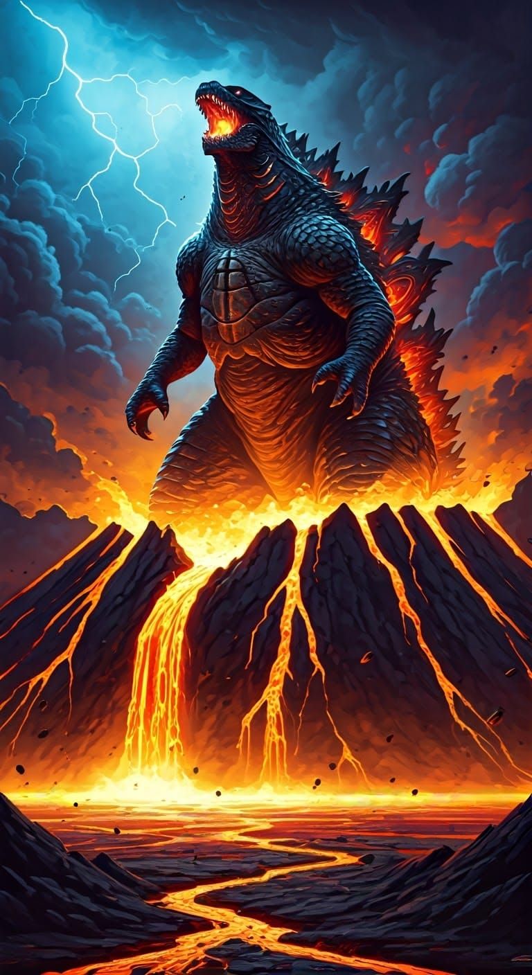 Godzilla Erupts: Fiery Kaiju Emerges from Volcano