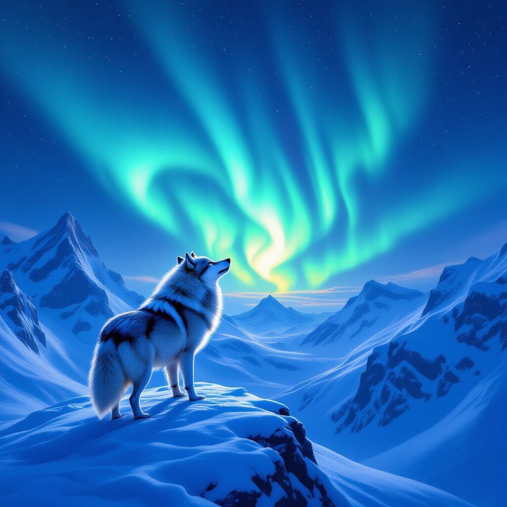 Hyperrealistic Wolf Gazing at Aurora Borealis