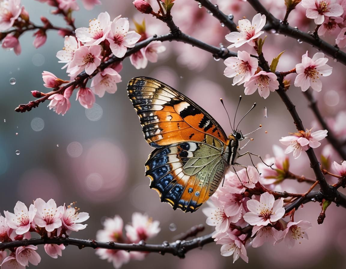 Butterfly with Dew Drops on Cherry Blossoms