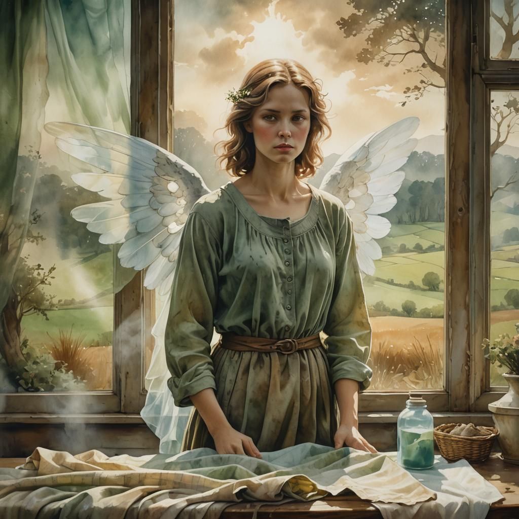 Angel in Dreamlike Landscape Behind Glass, Watercolor Style